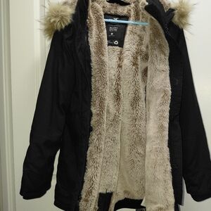 Hollister Black Puffer Jacket with Faux Fur Hood